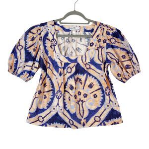 Never A Wallflower Linen Top Women's Sz XS Multicolor Square Neck Ikat